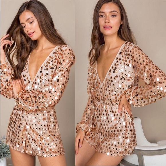 Gold Sequin Jumpsuit with Sleeves - Picture 7 of 10